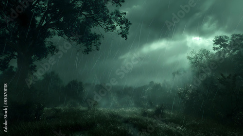 Dark and green landscape embodying elements of psychology and manipulation  strong contrast between green and black  enveloped in a dark  rainy atmosphere that conveys sadness