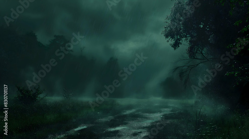 Dark and green landscape embodying elements of psychology and manipulation  strong contrast between green and black  enveloped in a dark  rainy atmosphere that conveys sadness