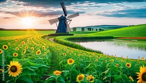 A scenic view of a sunflower field stretching towards a traditional windmill under a vibrant sunset sky.. AI Generation