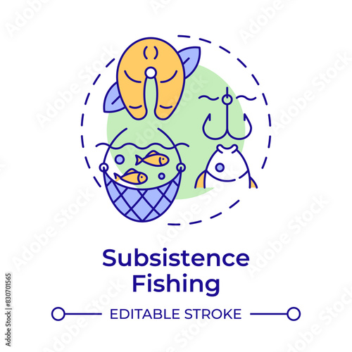 Subsistence fishing multi color concept icon. Seafood production, fish harvesting. Round shape line illustration. Abstract idea. Graphic design. Easy to use in infographic, presentation