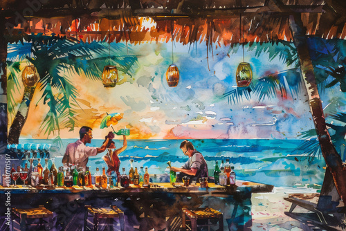 Tropical Beach Bar with Ocean View at Sunset  Vibrant Watercolor Painting of Bartenders and Bar Counter © inspiring 