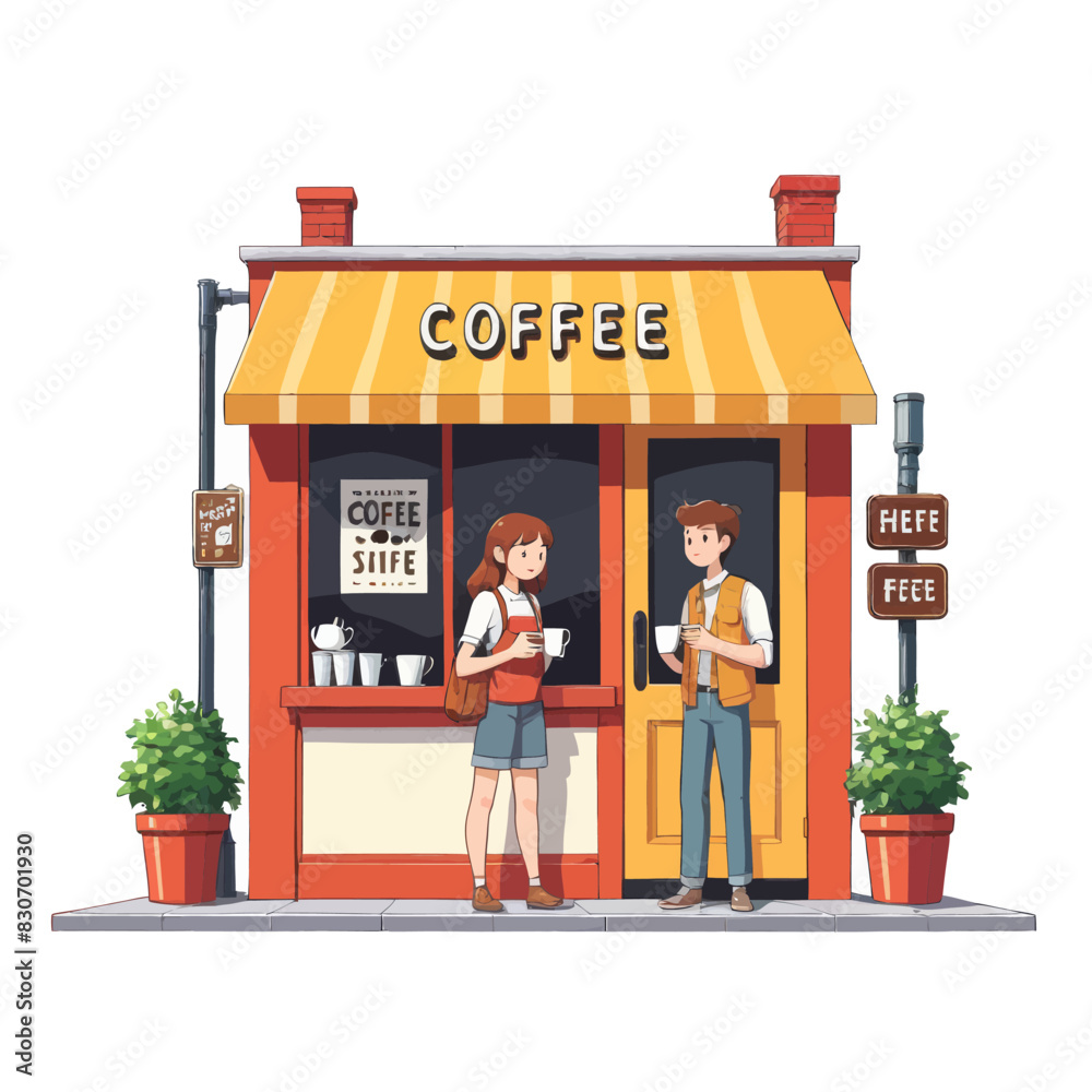 a man and a woman standing outside of a coffee shop a man and a woman standing outside of a coffee shop
