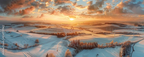 Aerial drone view of agricultural fields, wind turbines, and Matzen, Lower Austria at sunset during winter.