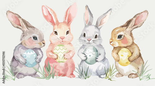 Watercolor Four of Easter Rabbit holding Easter Eggs