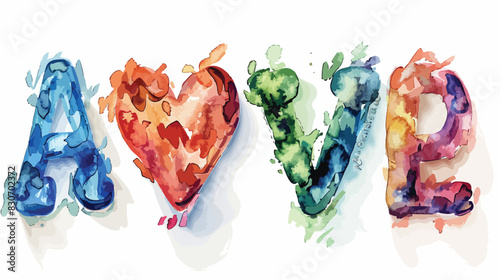 Watercolor Four of love alphabet with heart shape woo