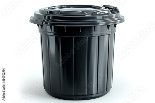 Generate a high-quality image of a black plastic trash can with a capacity of 10 gallons. The trash can should be durable and have a tight-fitting lid to keep odors in.