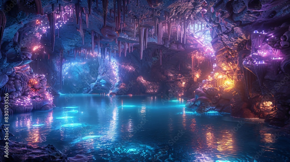 Obraz premium Vivid Underwater Cave Illuminated by Bioluminescent Creatures