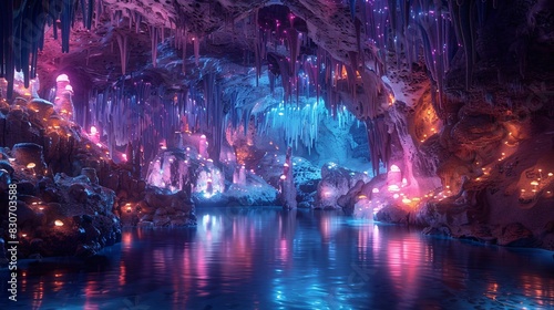 Enchanted Underwater Cavern: A Spectacular Display of Glowing Lights and Stalactites © GestureShot