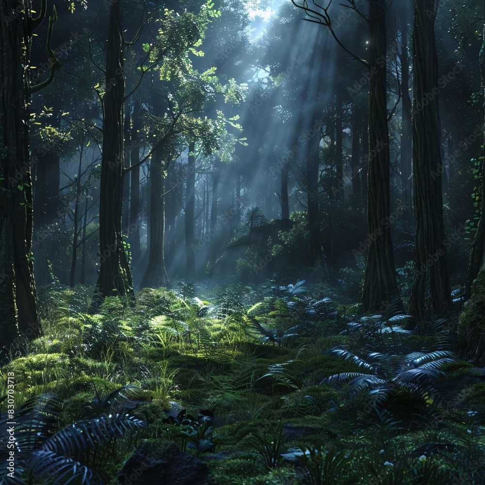 Obraz premium Mystical Forest Enveloped in Misty Sunlight