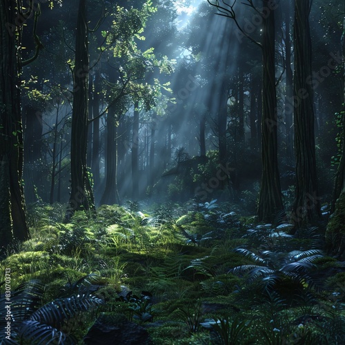 Mystical Forest Enveloped in Misty Sunlight