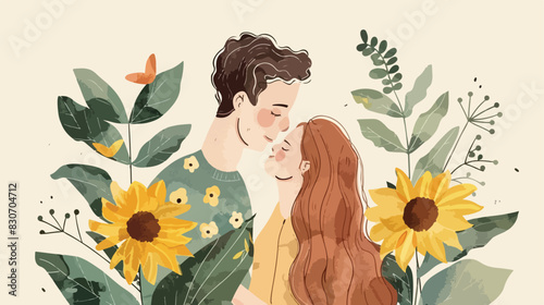 Watercolor happy couple with sunflower and leaves vector