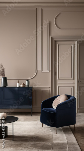 Elegant Living Room Interior with Navy Blue Armchair and Beige Walls