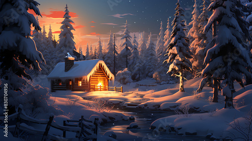 A snowy mountain landscape with a cabin and a bonfire.