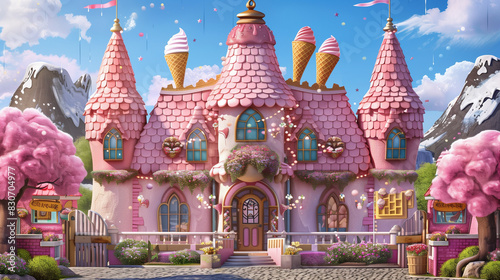 Illustrate the pink facade of an ice cream shop castle theme