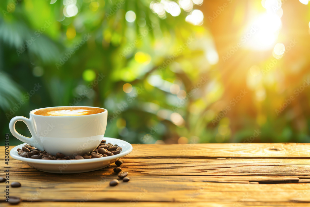 Morning Coffee on Wooden Table with Lush Greenery Background Morning Coffee on Wooden Table with Lush Greenery Background