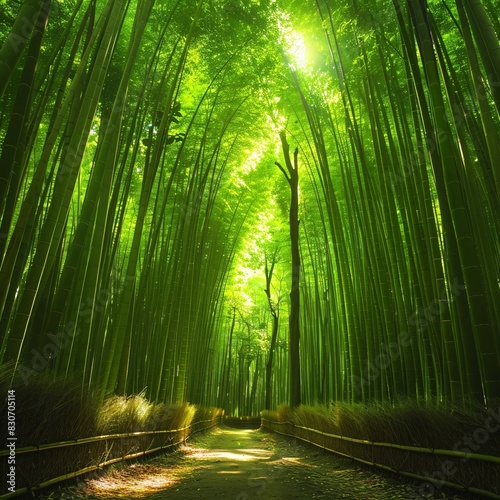 Serene Pathway Through a Lush Bamboo Forest