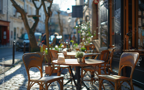 Inviting french bistro setup with traditional rattan chairs and wooden tables on a cobbled street on a sunny afternoon