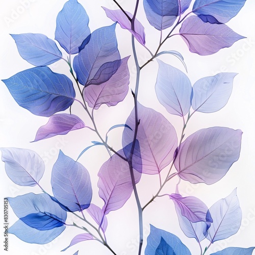 Vibrant Botanical Art Print  Purple Leaf Transparency Overlay of Blue Leaves on White Background