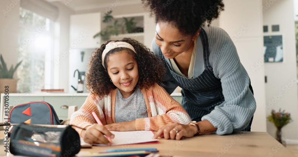 Child, assignment and house for education, learning and growth for future or knowledge. Mother, student and kitchen for help, studying or support or home school for development or coloring assessment Child, assignment and house for education, learning and growth for future or knowledge. Mother, student and kitchen for help, studying or support or home school for development or coloring assessment