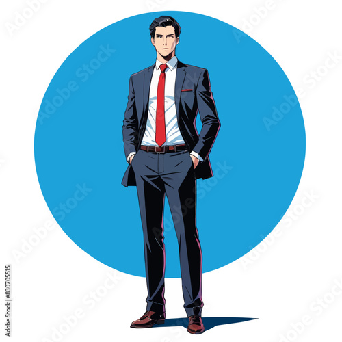 a man in a suit and tie standing in front of a blue circle