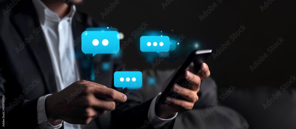 A businessman using smartphone and virtual blue chat bubble icons A businessman using smartphone and virtual blue chat bubble icons