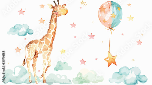 Watercolor illustration baby giraffe and balloon with