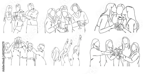 One line drawing of people cheering glasses of wine, line art, celebearting, clinking glasses