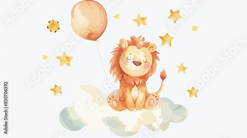 Watercolor illustration baby lion and balloon sits on