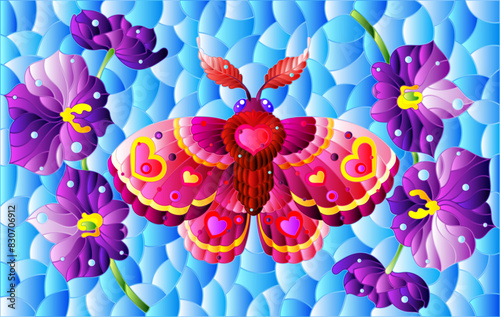 Stained glass illustration with a cute moth and orchid flowers on a blue sky background