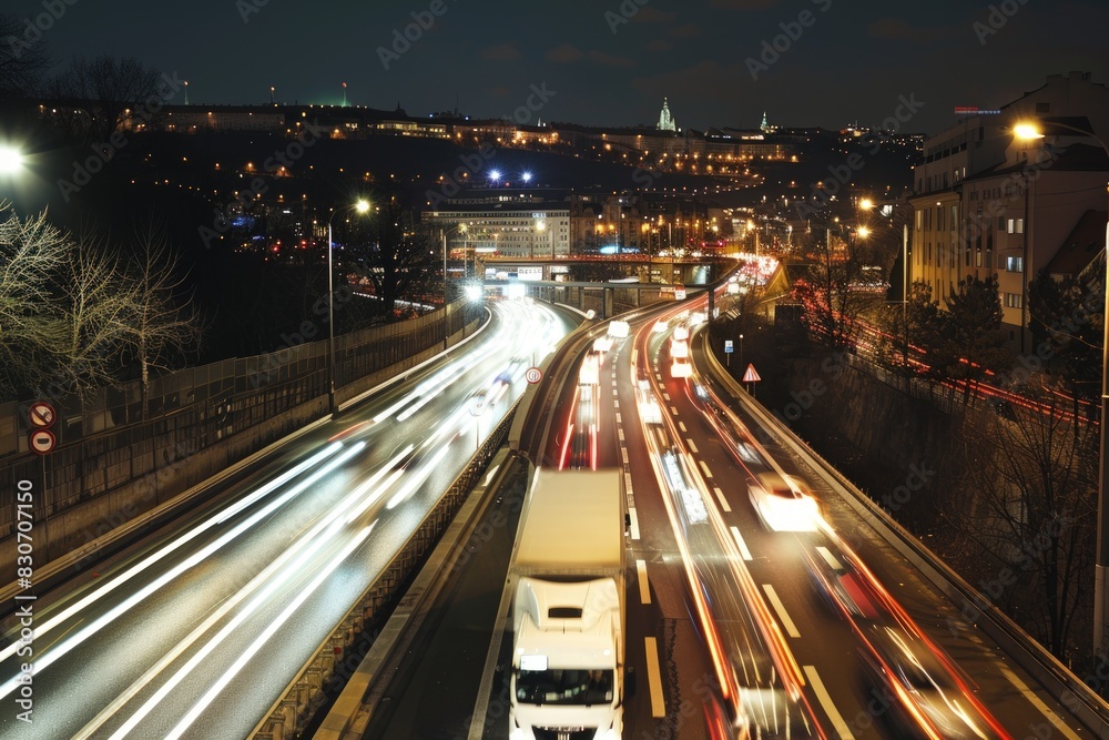 Highway traffic with trucks and cars at night, motion blur.