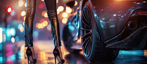 A woman in black leather pants and high heels stands to sports car on blurred city night background. photo