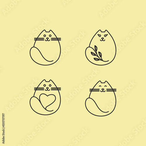 cute cat fat adorable set line logo design vector