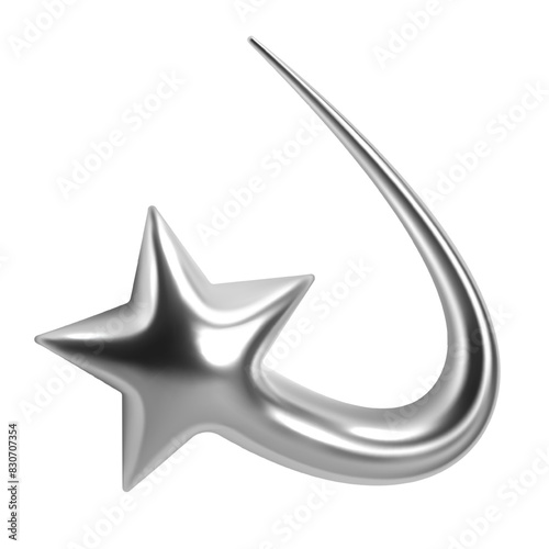 3D Y2K chrome flying star with a curved tail, flash, meteor, or comet. Glossy shiny metallic silver surface. Isolated vector element retro futuristic design, cyber space, celestial galaxy aesthetic
