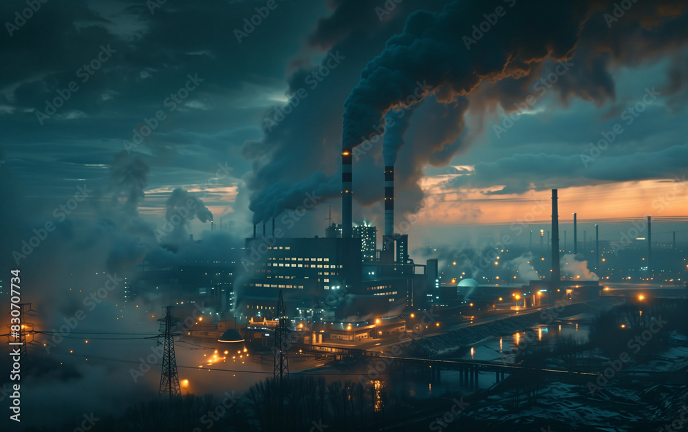 Coal-fired power plant operates at night, its smokestacks billowing smoke and steam into a cloudy, atmospheric, and illuminated industrial scene