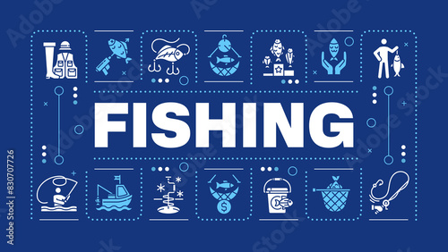 Fishing blue word concept. Fish harvesting. Fly fish hook. Aqua food production, ecosystem. Visual communication. Vector art with lettering text, editable glyph icons. Hubot Sans font used