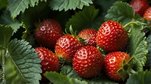 Ripe Red Strawberries Among Green Leaves