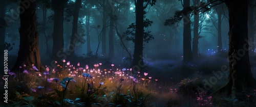 Enchanted Forest with Glowing Flowers at Night