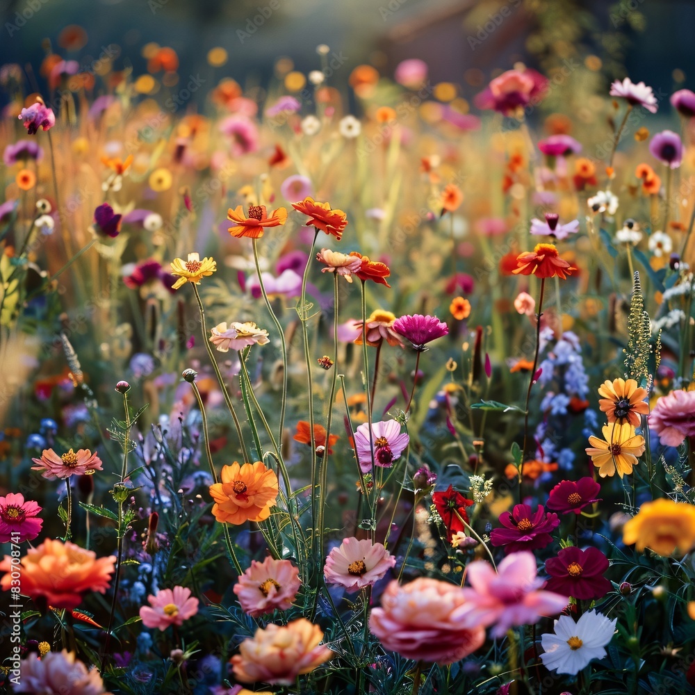 Vivid Flower Field with a Rainbow of Wildflowers