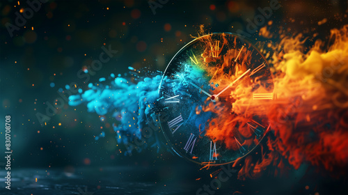 Pressure of Time Concept: Wall Clock with Smoke and Fire Effect, Symbolizing the Deadline, Dissolving Time in a Business Context.