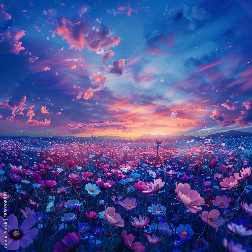 Vibrant Flower Field Under a Stunning Sunset Sky