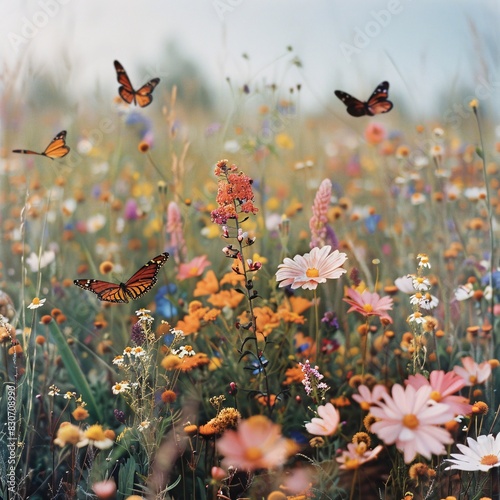 Vibrant Field of Wildflowers with Three Monarch Butterflies in Flight
