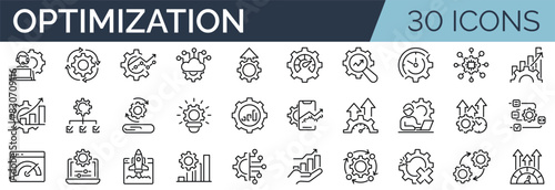 Set of 30 outline icons related to optimization. Linear icon collection. Editable stroke. Vector illustration