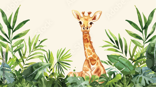 Watercolor Illustration cute baby giraffe sits on gre