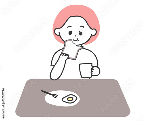 コーヒーを片手に食パンを食べる女性のイラスト