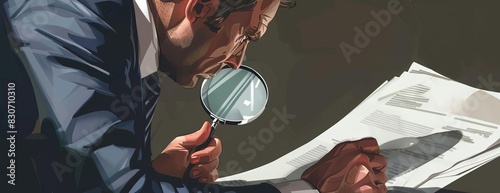 A man in a suit is looking at a piece of paper through a magnifying glass. He isMei Tou Jin Suo , and he looks like he is trying to figure something out.