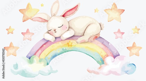 Watercolor illustration cute baby rabbit sleeps on ra