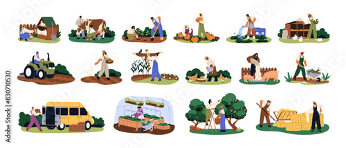 Agriculture works set. Farm workers at countryside. Farmers rural life with crop plants, harvest and animals. Agribusiness at country, village, farmland. Flat vector illustration isolated on white
