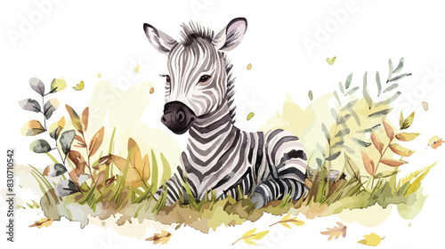 Watercolor Illustration cute baby zebra sitting on th
