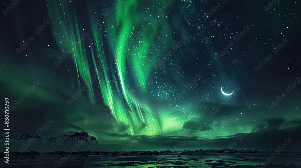 Fototapeta premium Beautiful starry sky, aurora, snow capped mountains and land background illustration, dreamy galaxy, night sky abstract poster webpage design 