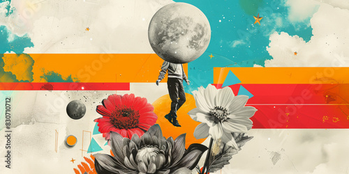 Surreal Collage with Astronaut and Flowers in Abstract Dreamscape Art